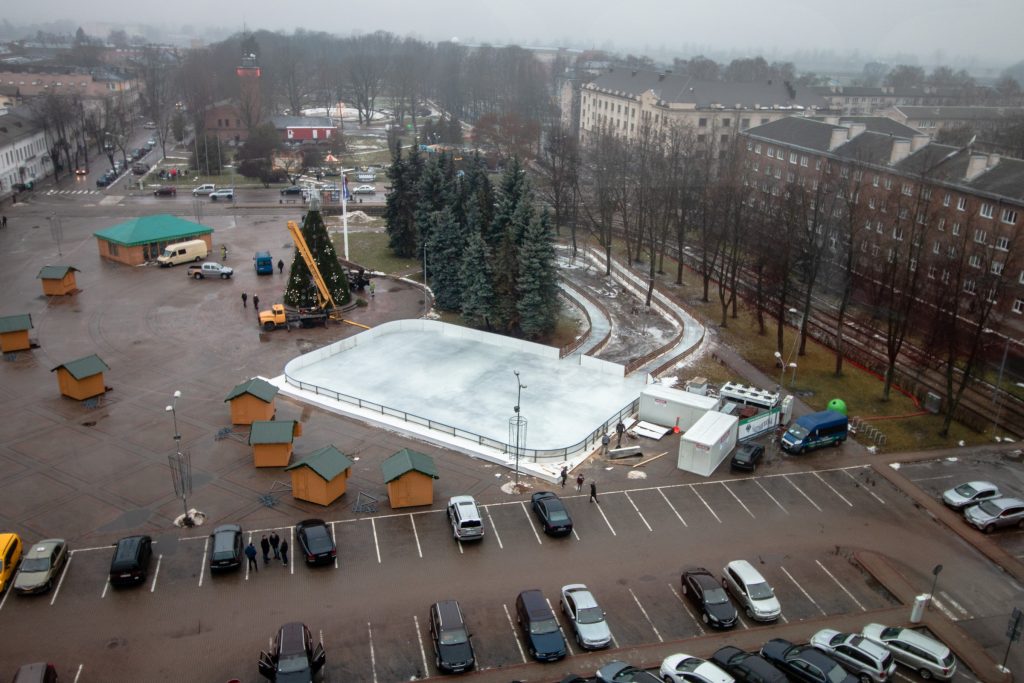 Aerial view of the seasonal ice rink at Unity Square in Daugavpils