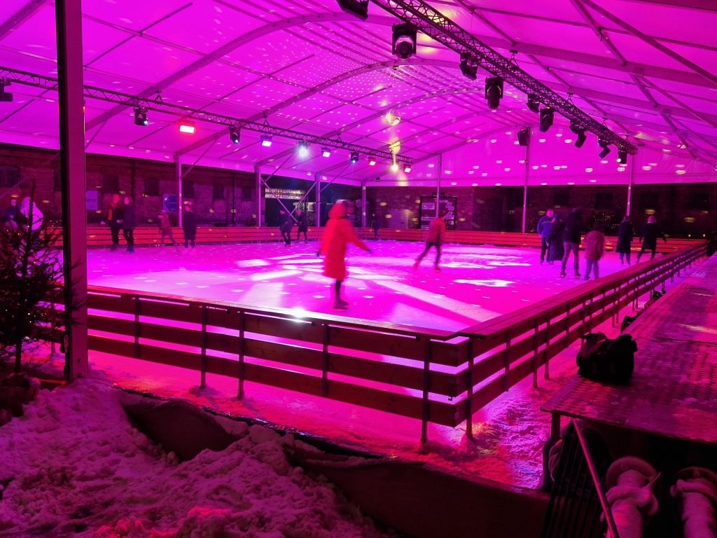 Event lighting around the seasonal ice rink in Lukiskes Prison 2.0 courtyard