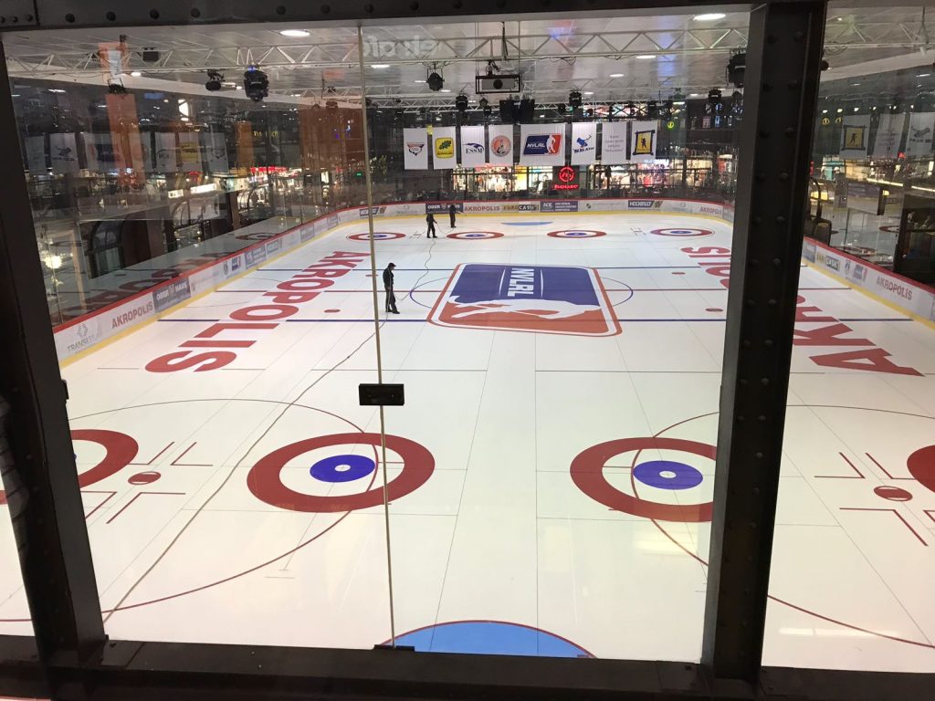 Hockey markings on the ice surface at Siauliai Akropolis
